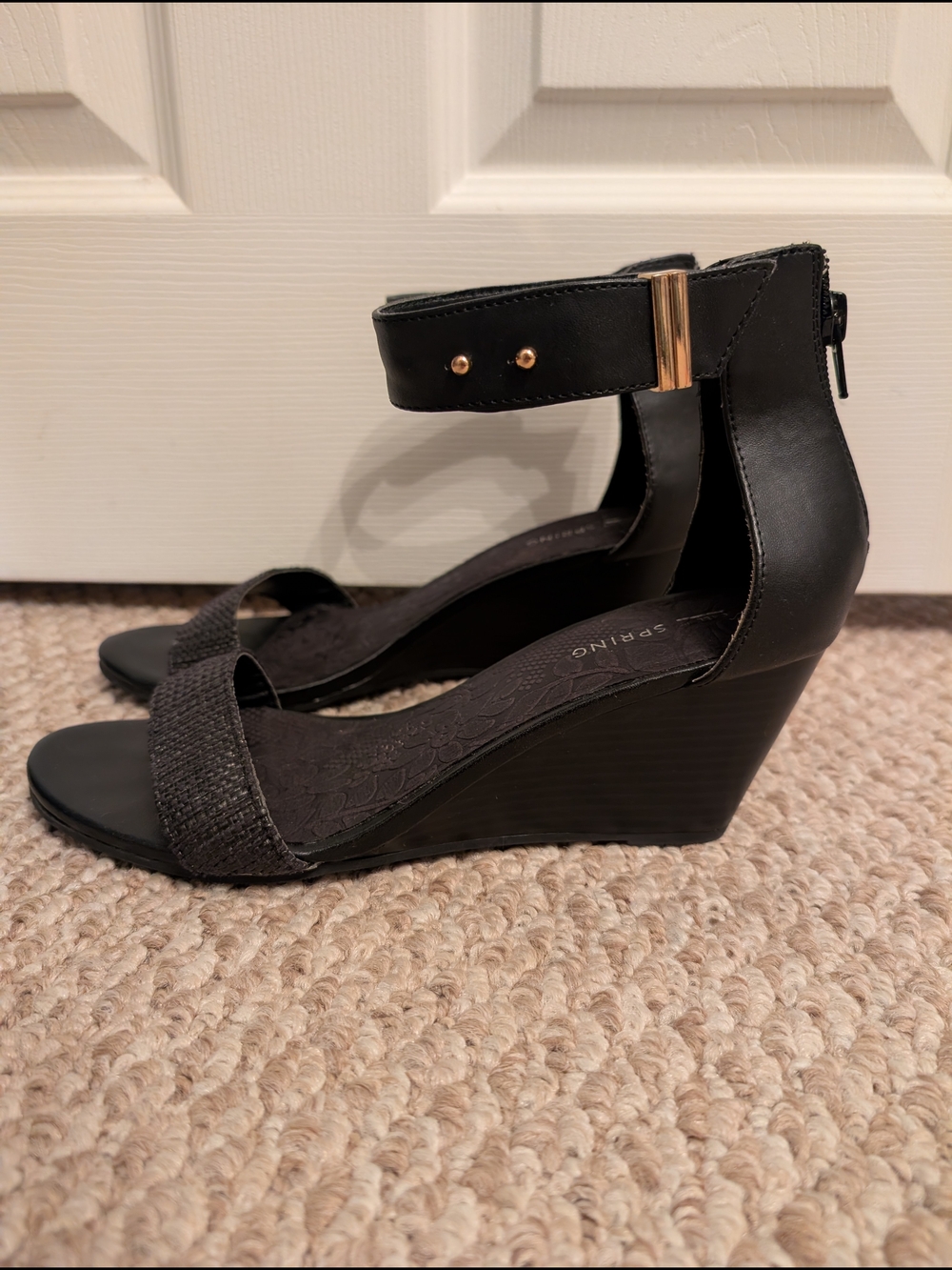 Call It Spring black ankle-strap wedge sandals